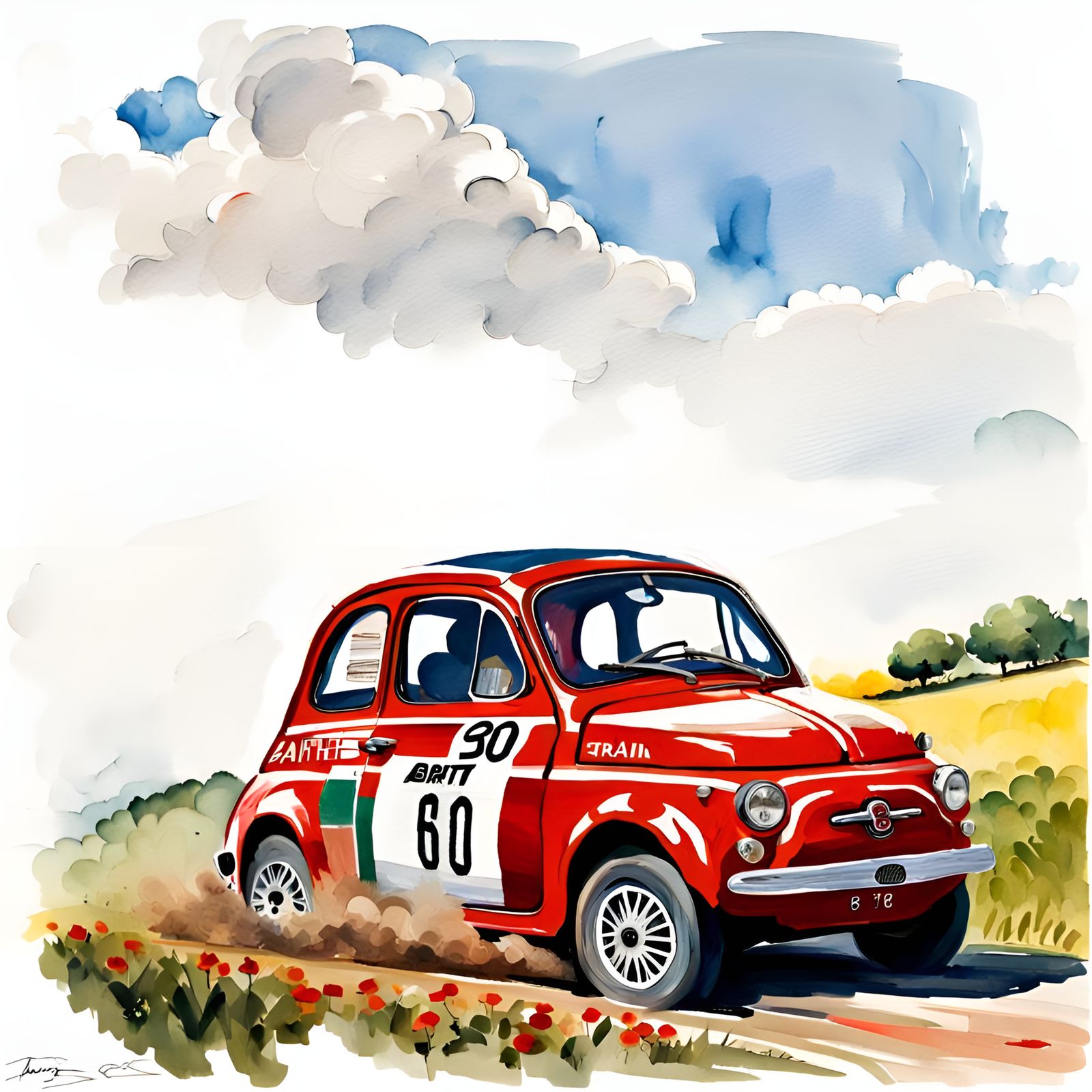 Fiat 500 Rally Car in Gouache Impressionist Style