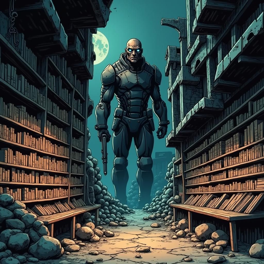 Gritty Horror Comic Bookstore with Mechanized Forms