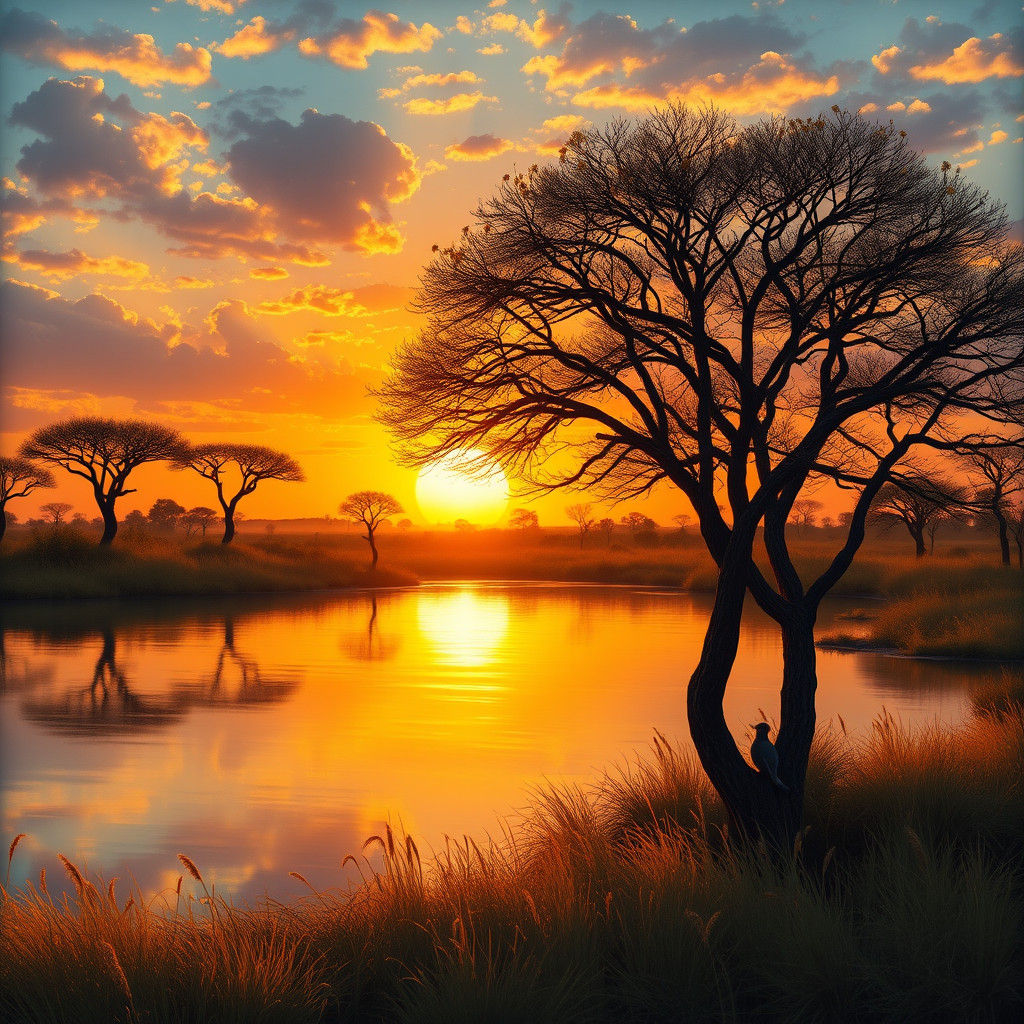 African Savanna Sunset Over Lake in Naturalist Style