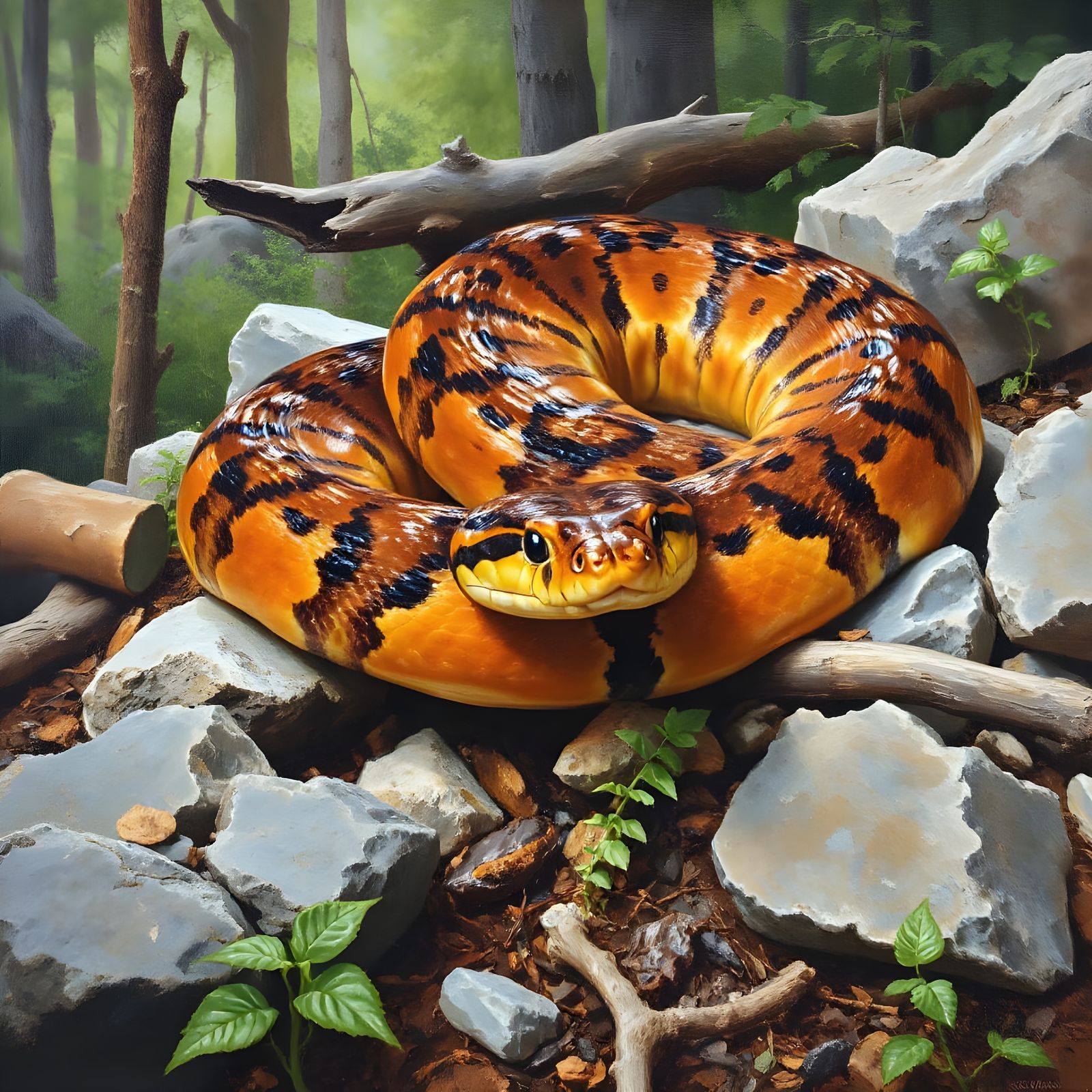 Copperhead Snake in Rocky Forest Oil Painting