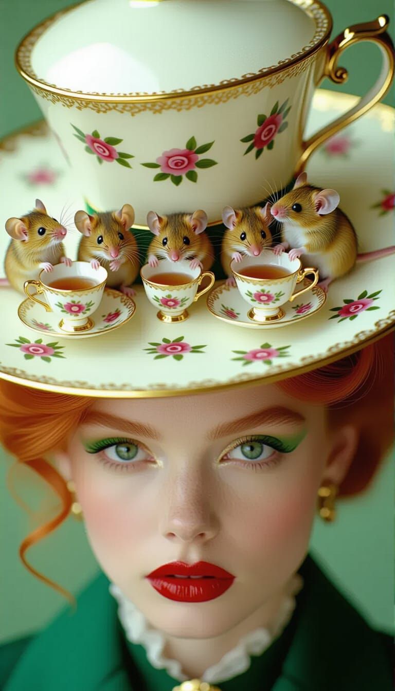 Extravagant Tea Table Hat with Mice, Editorial Style