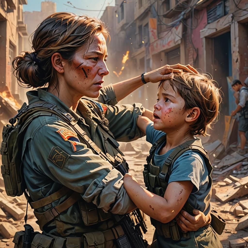 Powerful Image of Mother Shielding Child From War