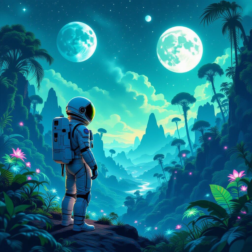 Astronaut in Alien Jungle Under Twin Moons