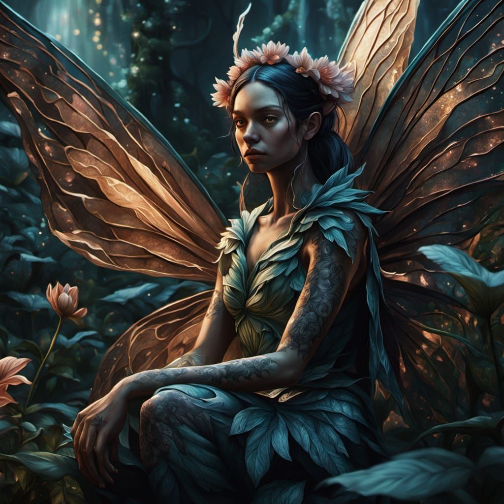 Fantasy Fairy Woman with Metallic Wings in Forest