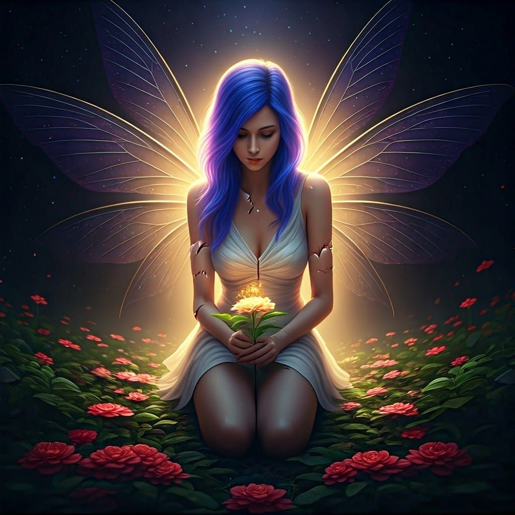 Fairy with Broken Wings Discovers Flower Magic