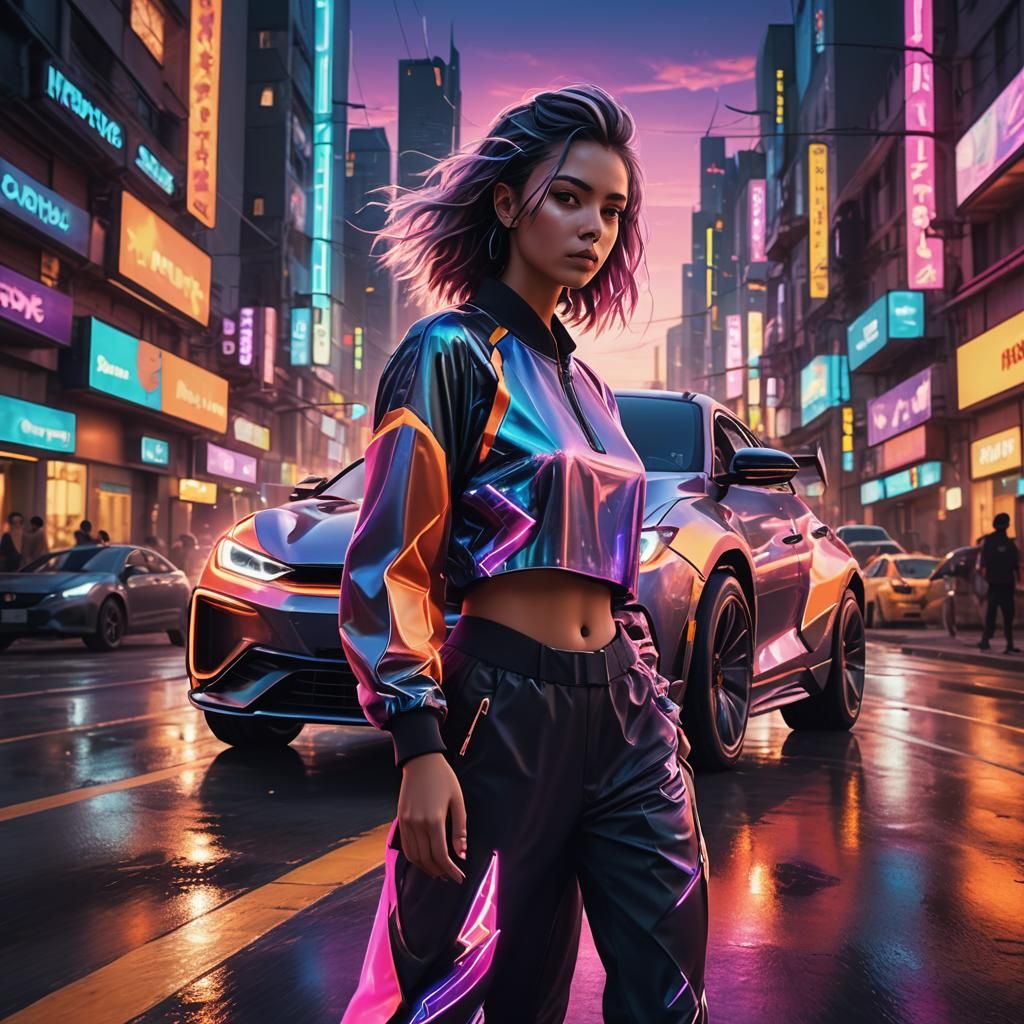 Neon Cityscape: Lady and Futuristic Car in Digital Art