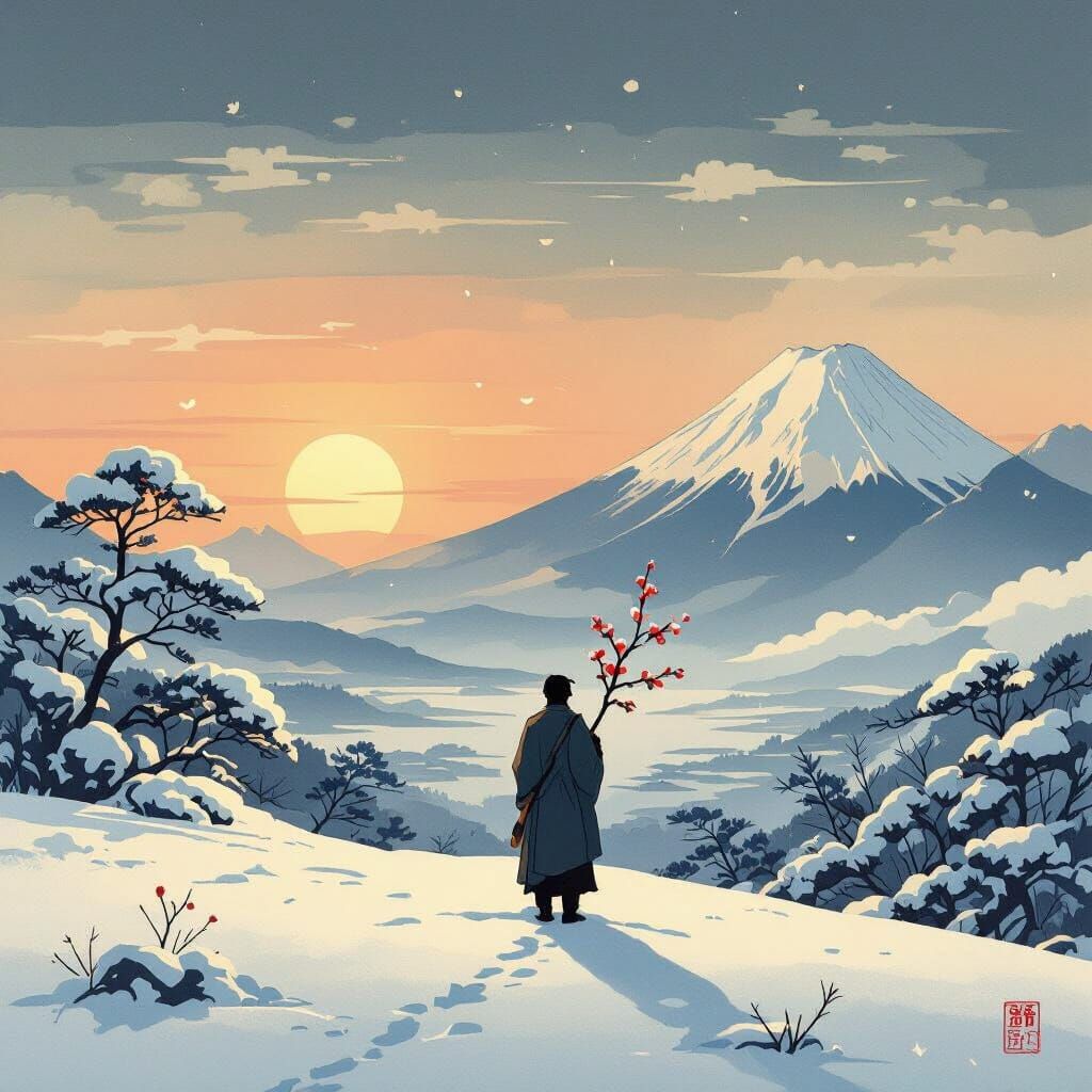 Wanderer in Snowy Landscape with Blossoms in Ukiyo-e Style