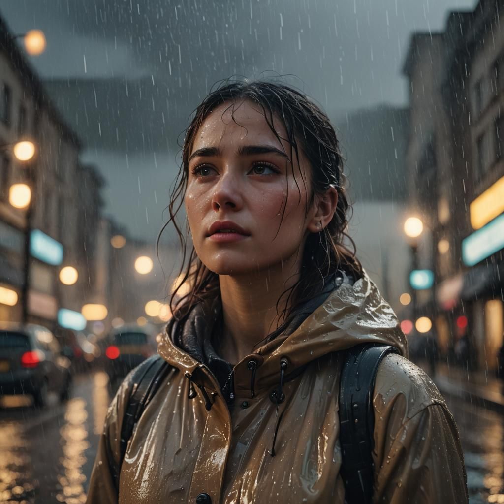 Woman in Rain: Cinematic Film Still