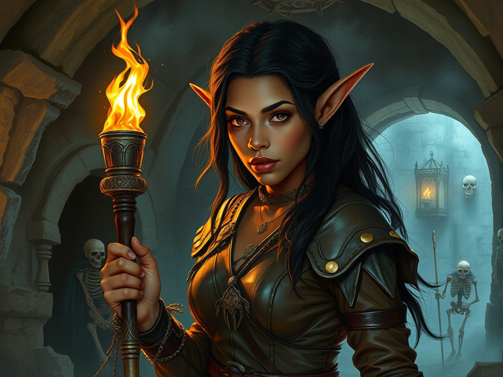 Elf Exploring Dungeon in Surreal Splash Art Style