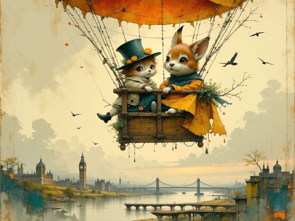 Whimsical Woodland Creatures Travel by Hot Air Balloon