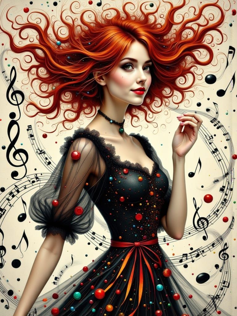 Gothic Redhead's Musical Dance: A Dreamcore Surrealist Image