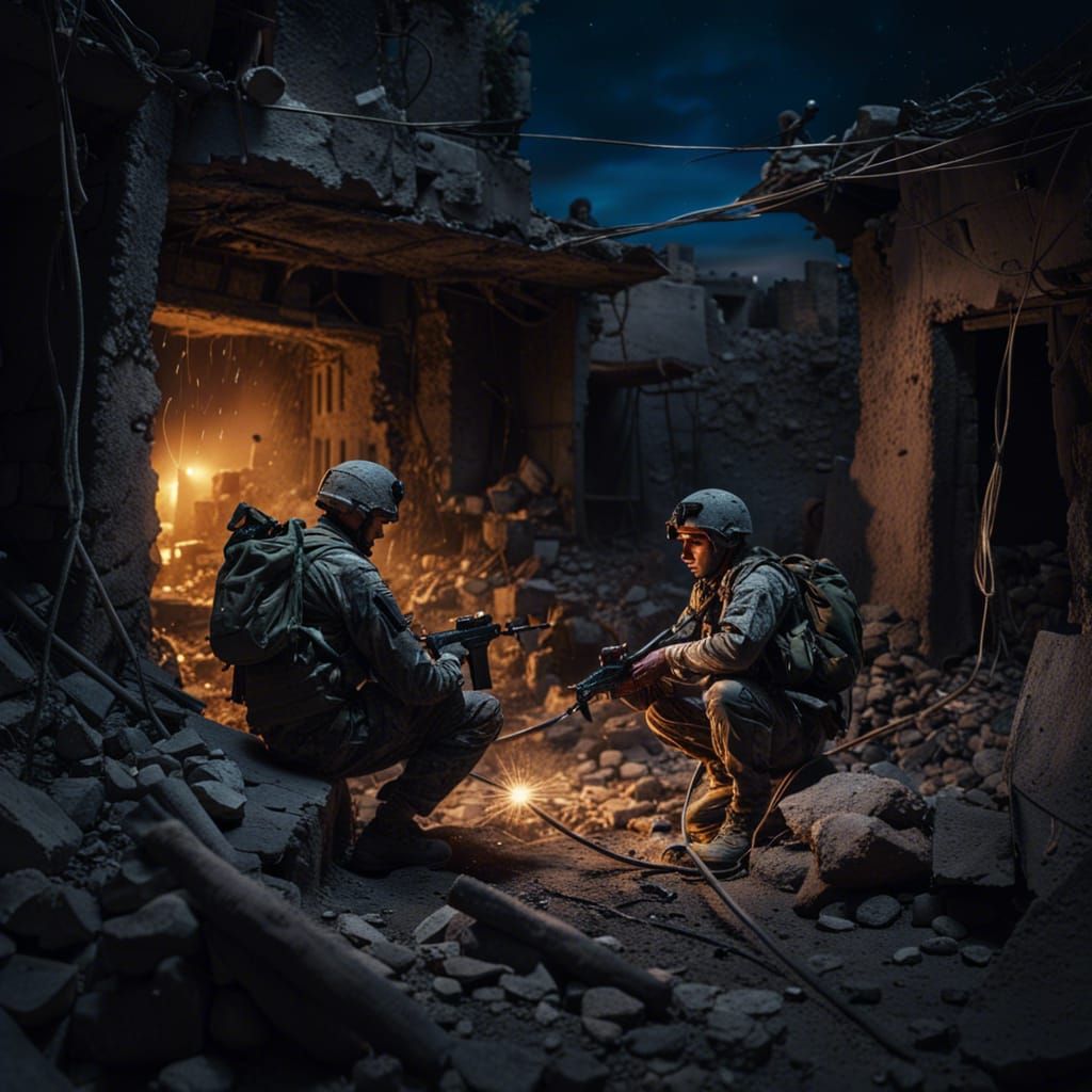 Soldier Defusing IED in Ruined Village at Night
