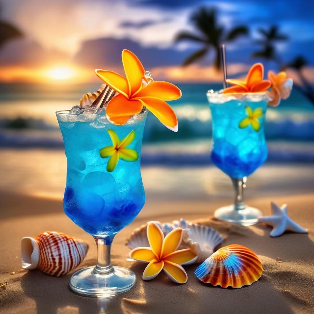 Tropical Beach Cocktails at Sunset: Hyperrealistic Photograp...