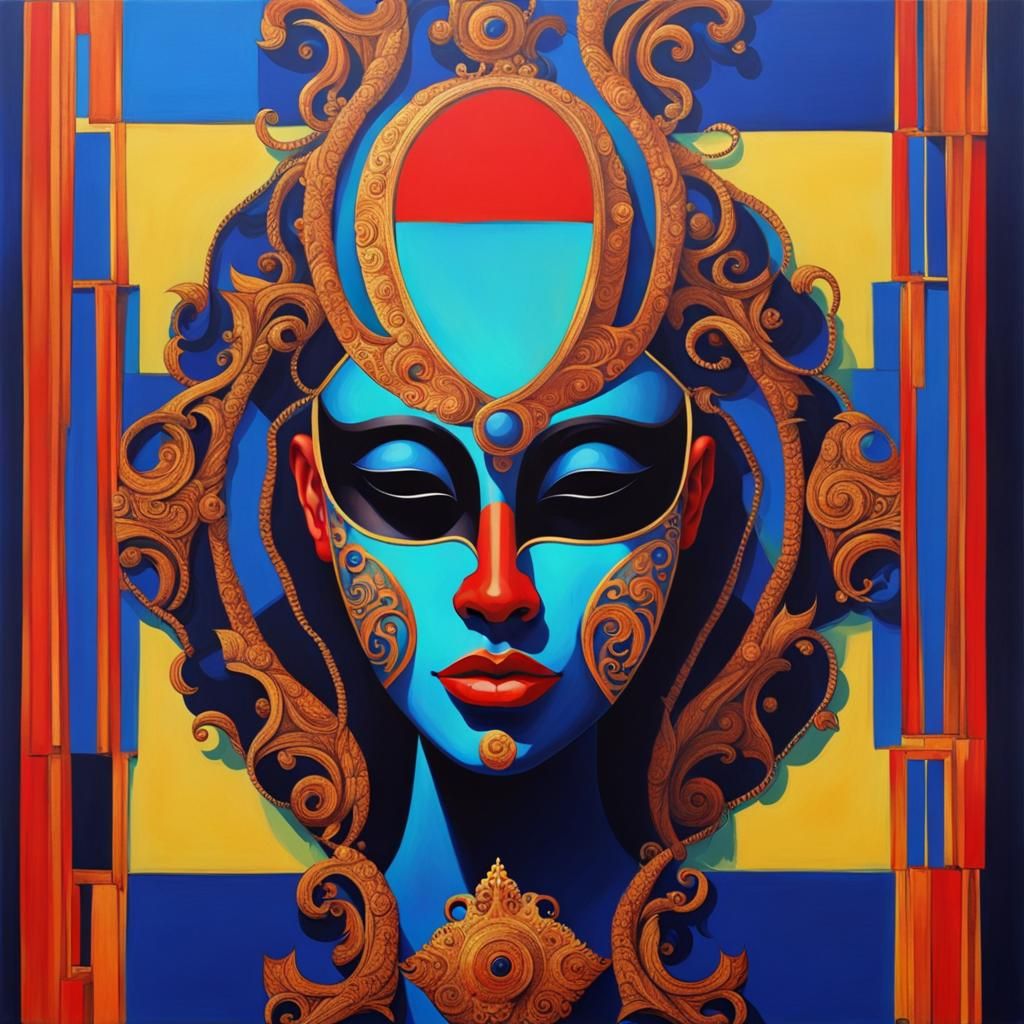 Masked Woman Gazing into Mirror: Abstract Art