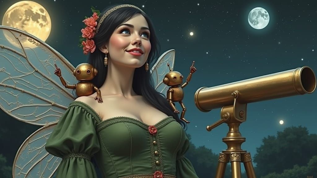 Enchanted Nighttime Scene of a Fairy Woman with Robots