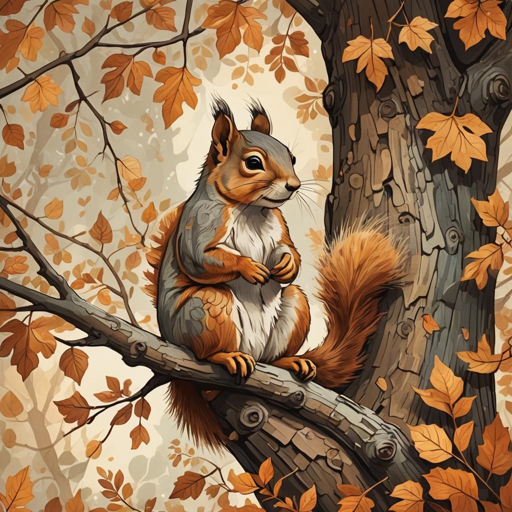 Whimsical Squirrel Illustration in Autumnal Colors