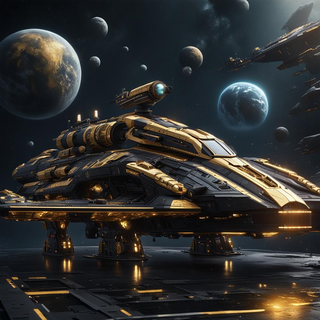 Futuristic Black and Gold Intergalactic Space Cruiser