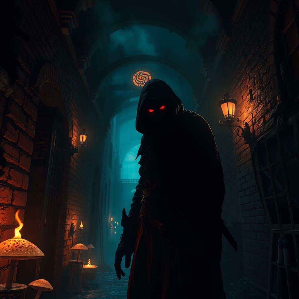 Mysterious Silhouette in Dimly Lit Alleyway