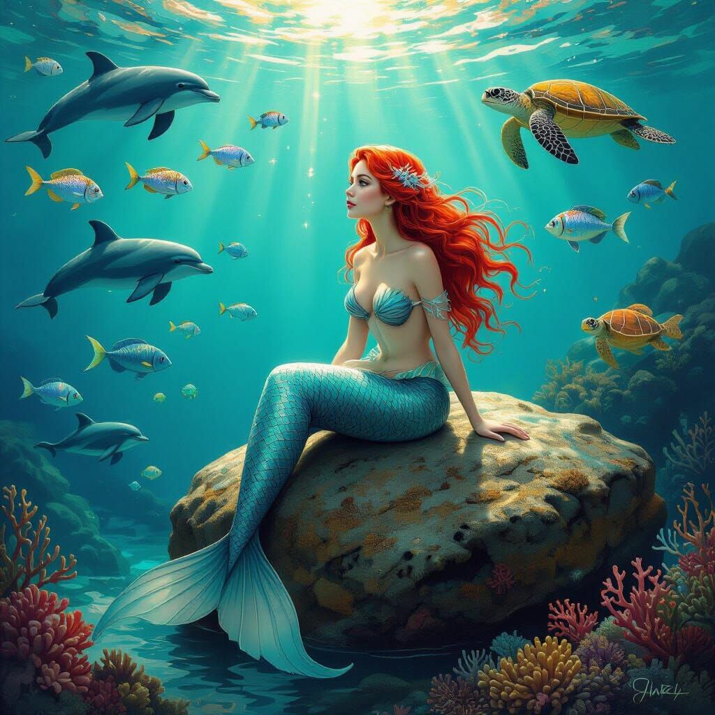 Mermaid on Rock Gazing at Vibrant Underwater World