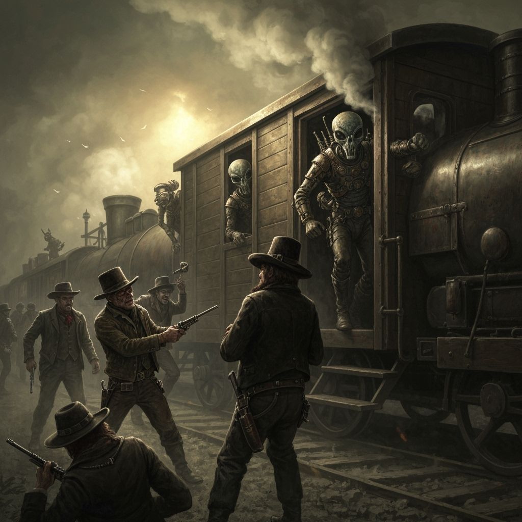 Wild West Train Robbery with Steampunk Aliens in Dramatic Ho...