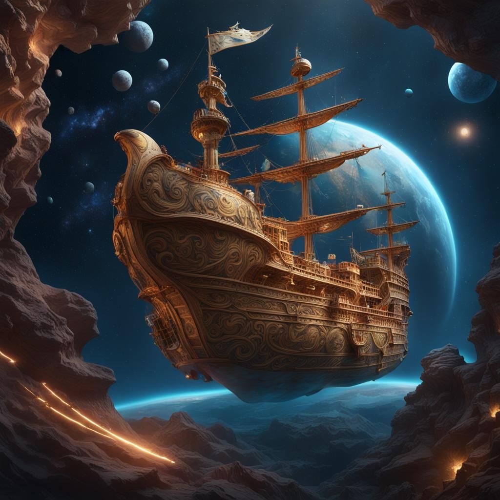 Greek Ship Soaring Through Space in Matte Painting Style