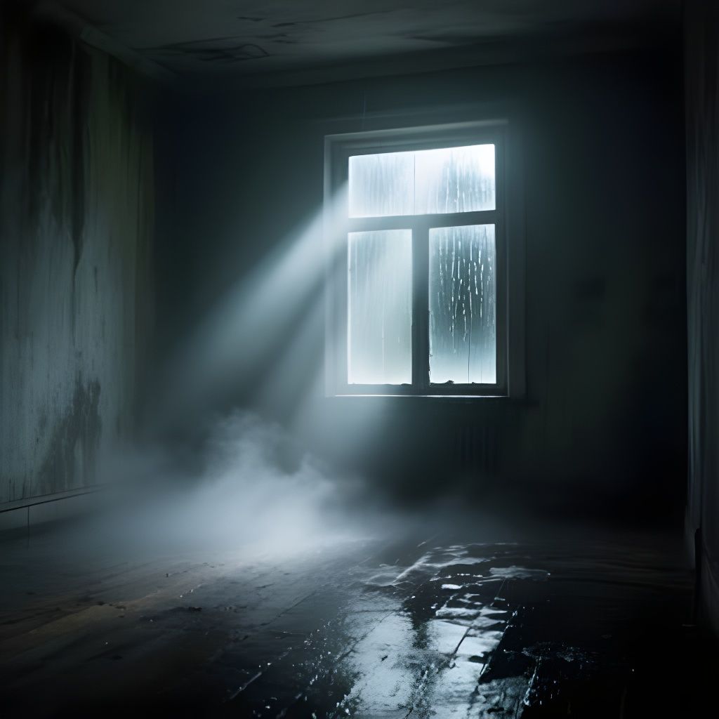 Desolate Room with Intense Sunlight and Mist