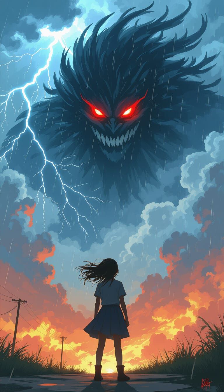 Girl Faces Monster in Cinematic Fantasy Art