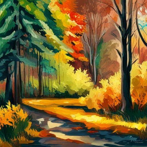 Dark Autumn Forest in Gouache Watercolor Style
