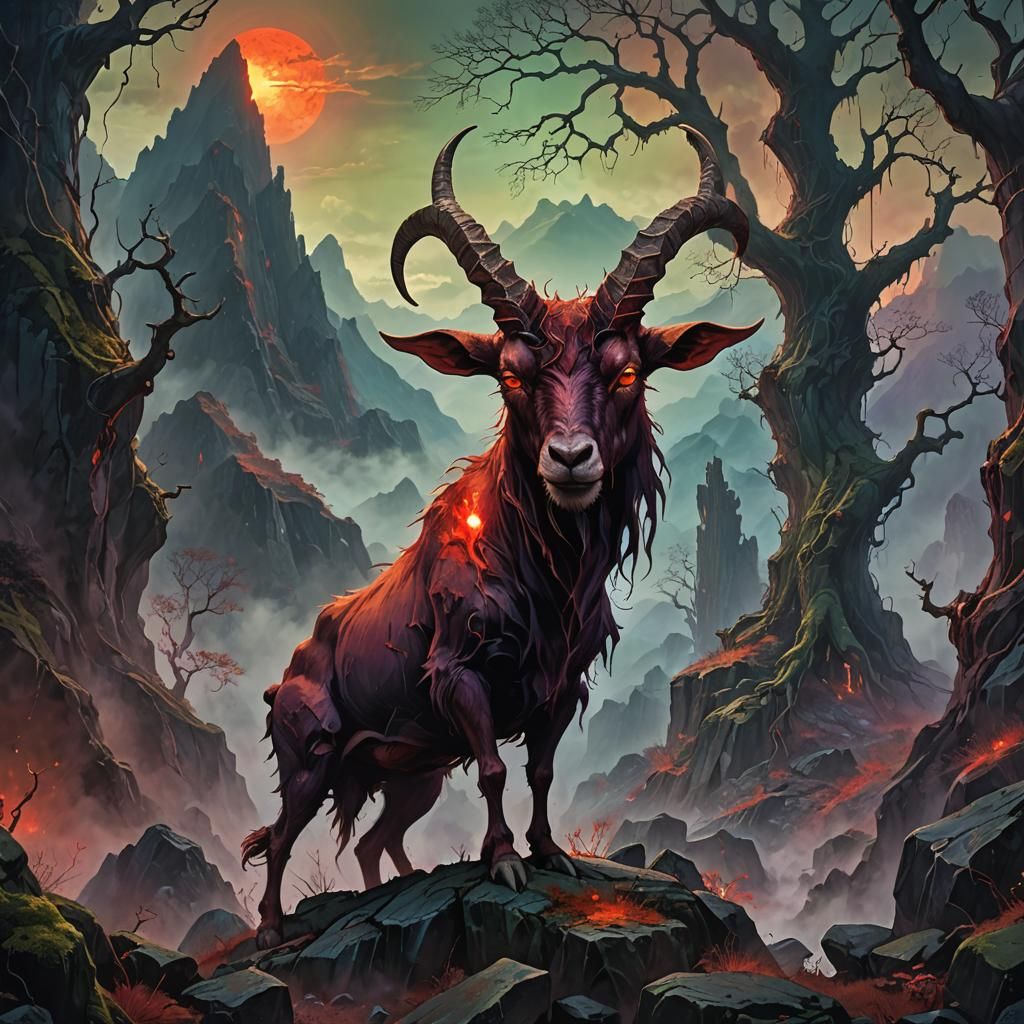 Demonic Red Goat in Mountainous Landscape