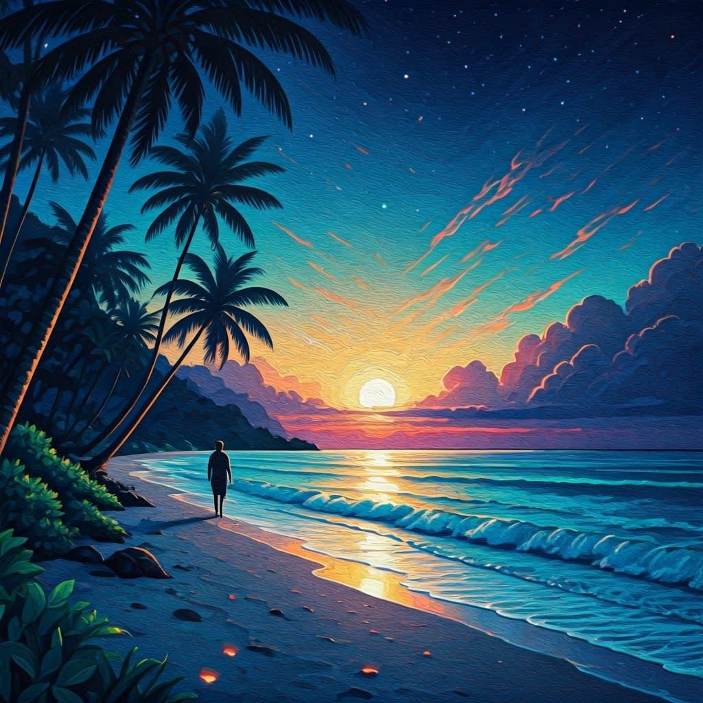 Starry Night Beach Stroll in Impressionist Style