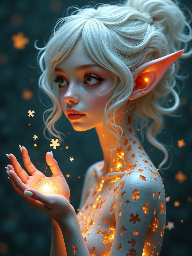 Enigmatic Elf Goddess Assembled from Shattered Puzzle Pieces