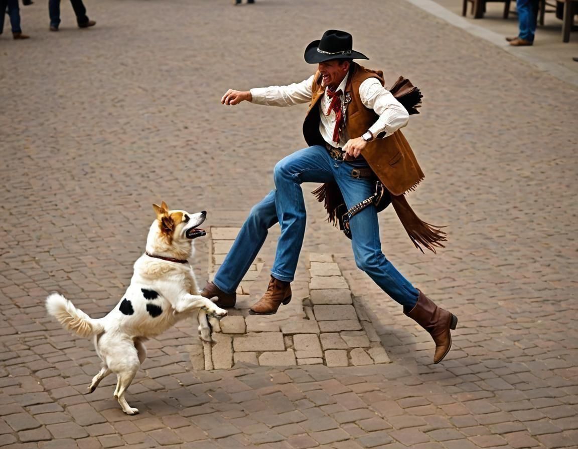 Cowboy and Happy Dog Dancing at Town Square