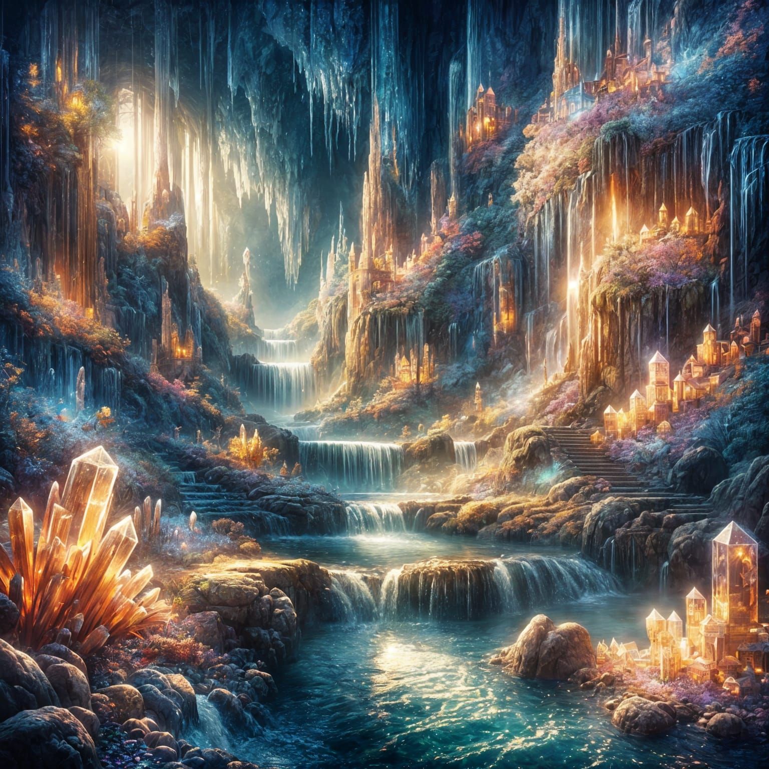 Crystal Cave Waterfall in Hyperrealistic Fantasy Style