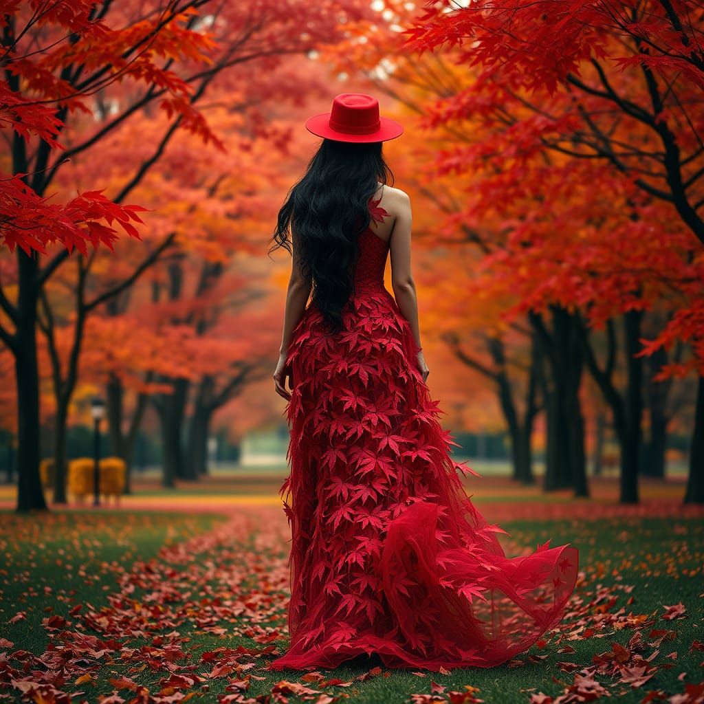 Autumn Goddess Strolls through Vibrant Red and Orange Forest