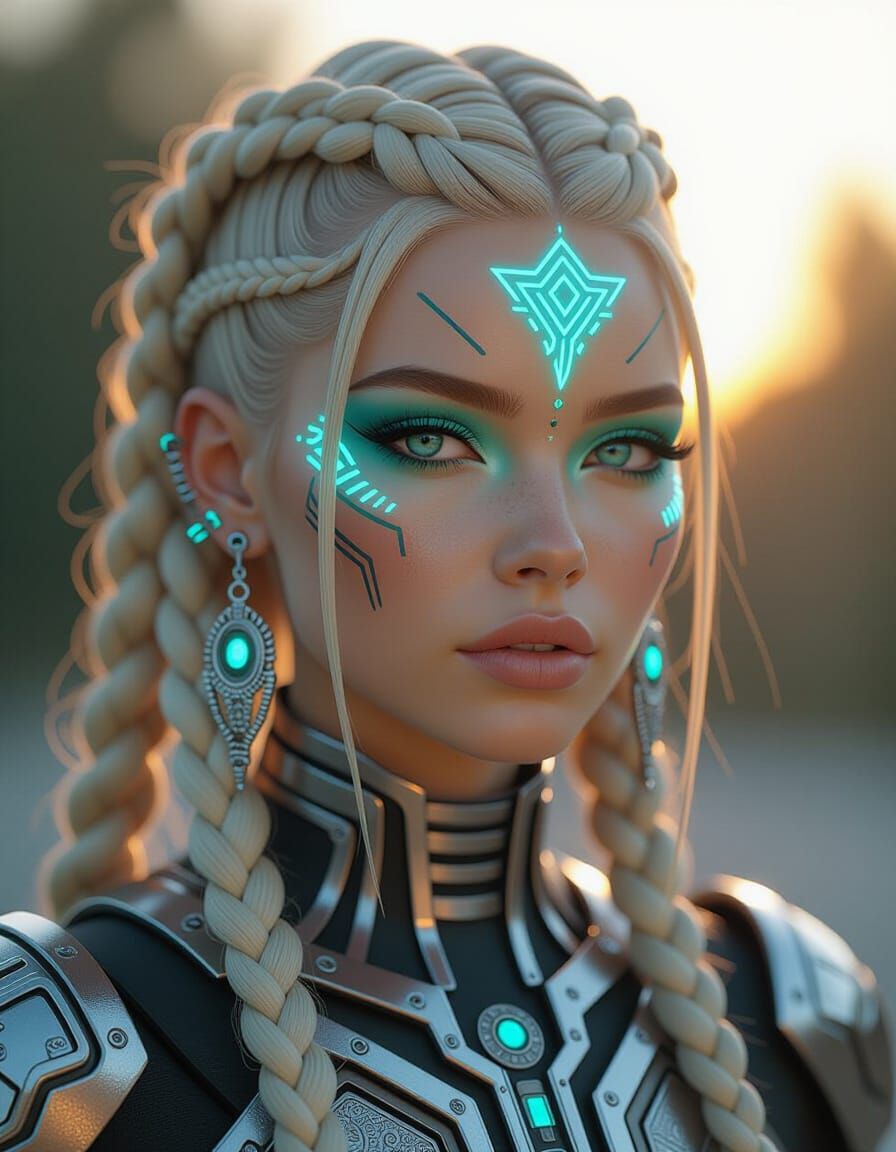 Cyberpunk Woman with Luminous Braids and Tribal Makeup