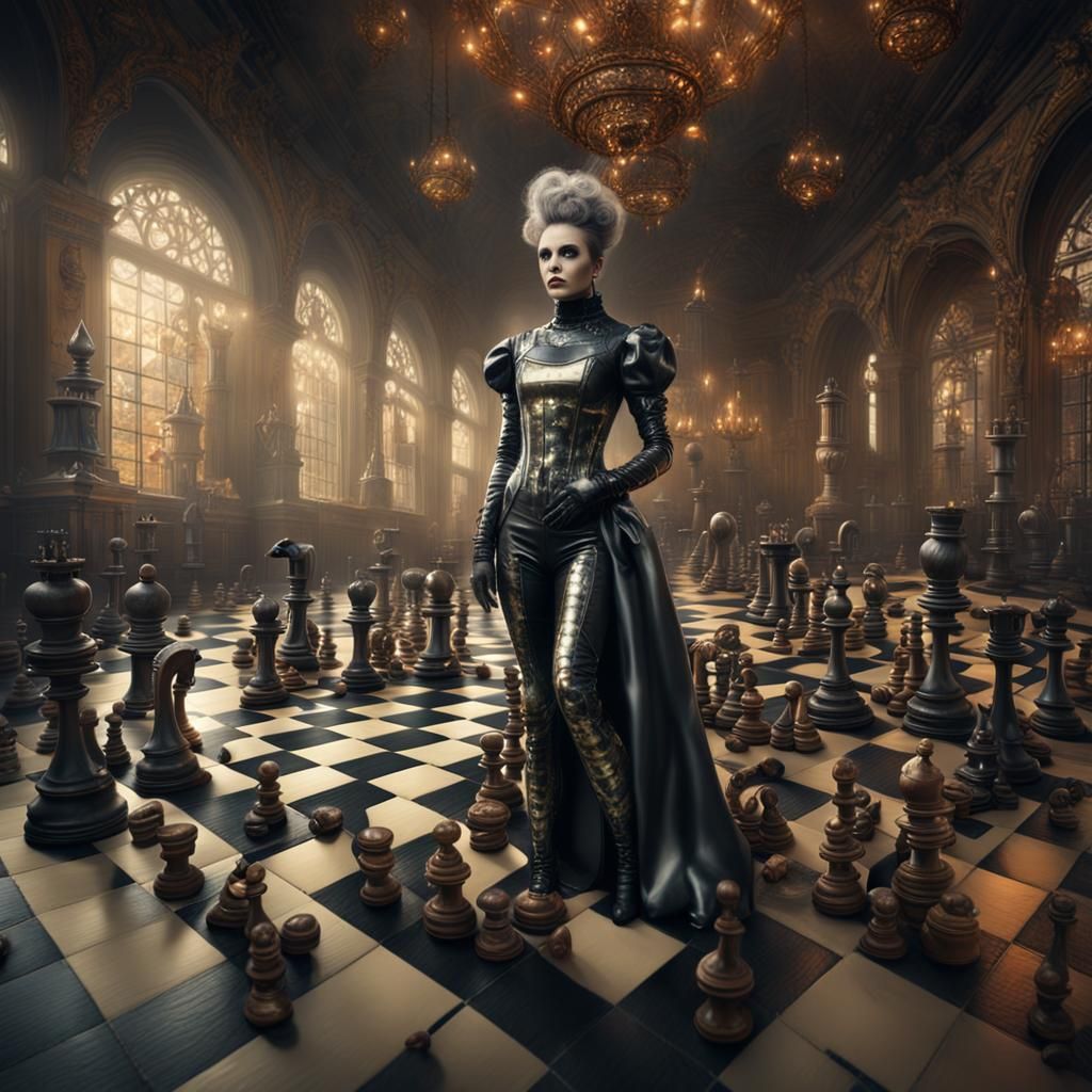 Harlequin Queen on Chessboard, Digital Matte Painting