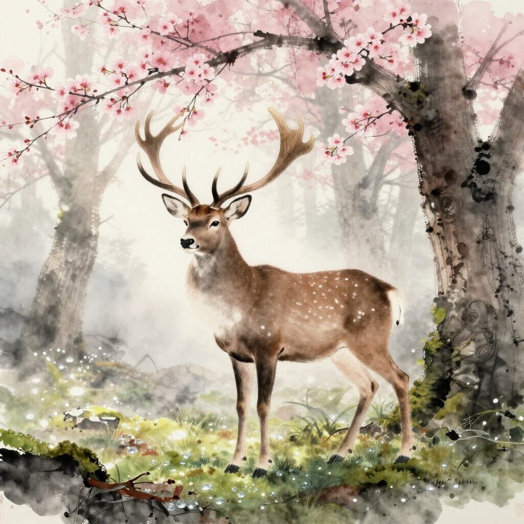 Majestic Stag with Blossoms in Misty Forest Ink Art