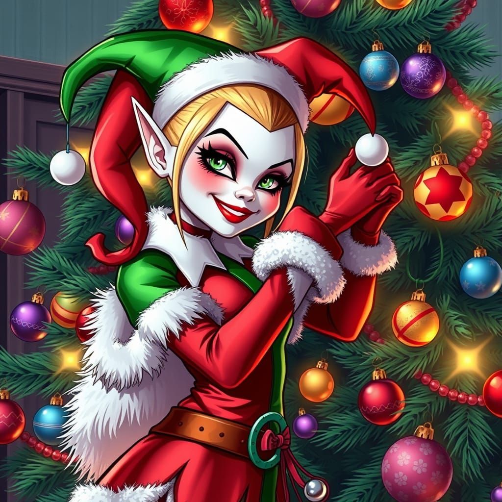 Harley Quinn as Christmas Elf, Whimsical Art Style