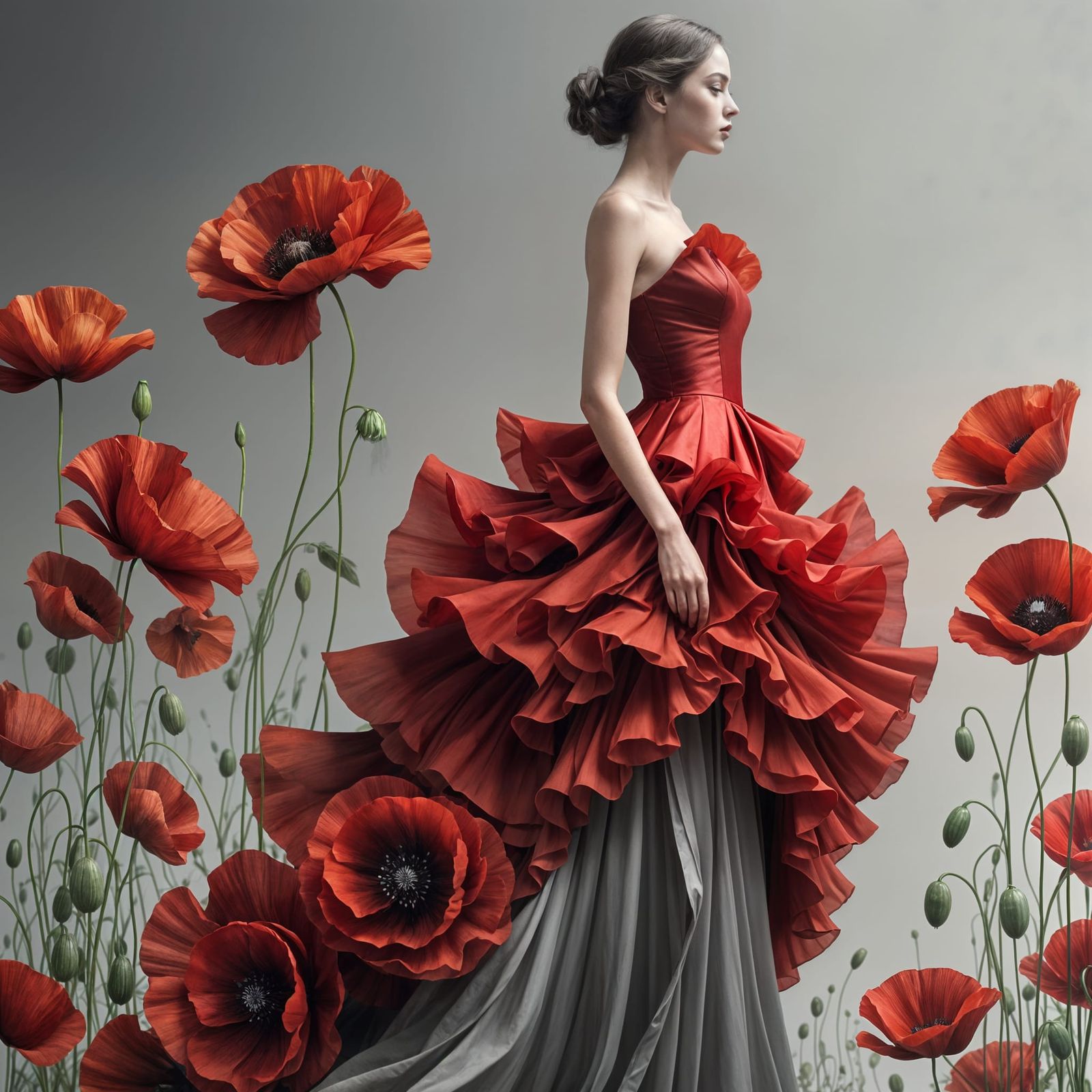 Elegant Woman in Scarlet Gown Amidst Red Flowers