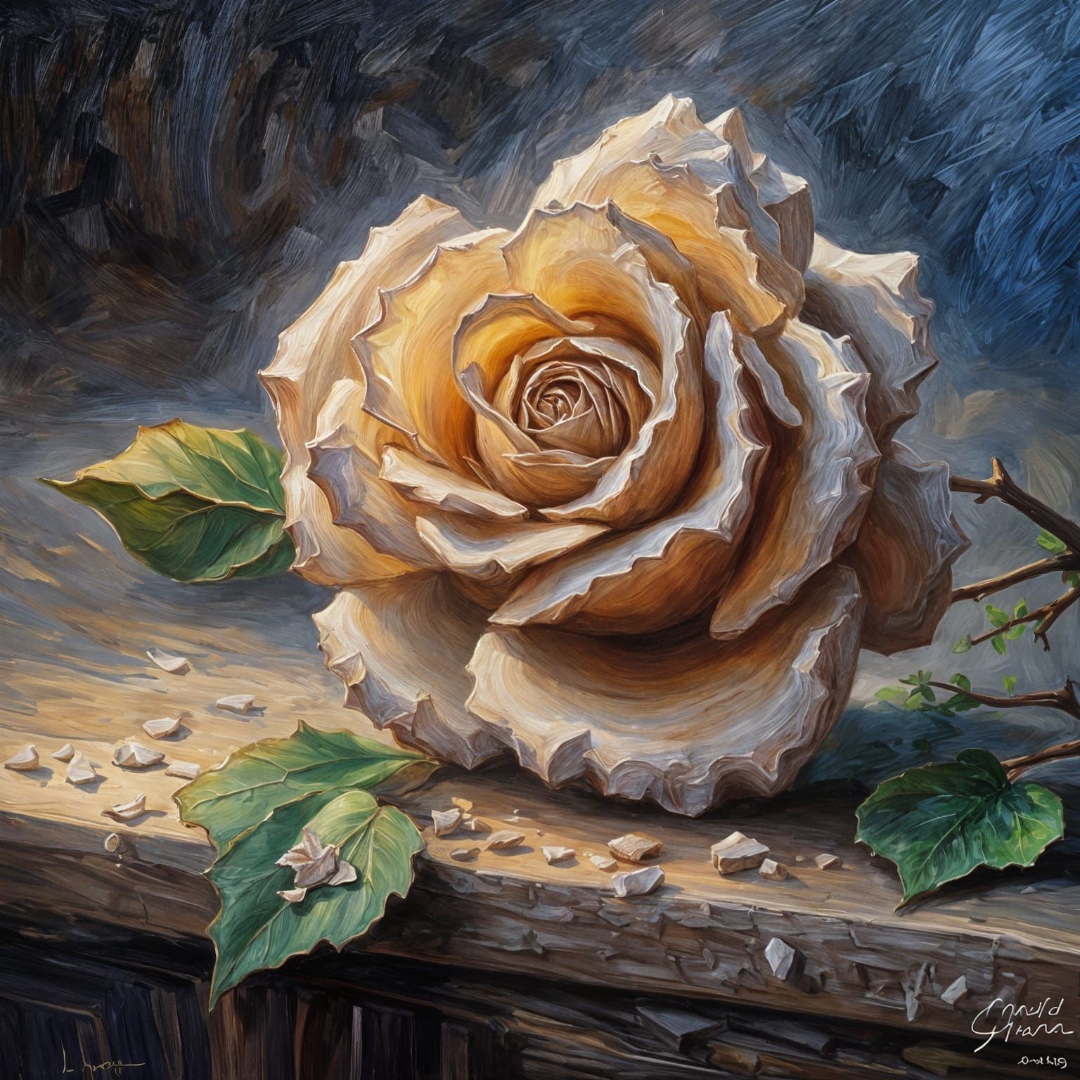 Wooden Rose Oil Painting in Imaginative Realism Style