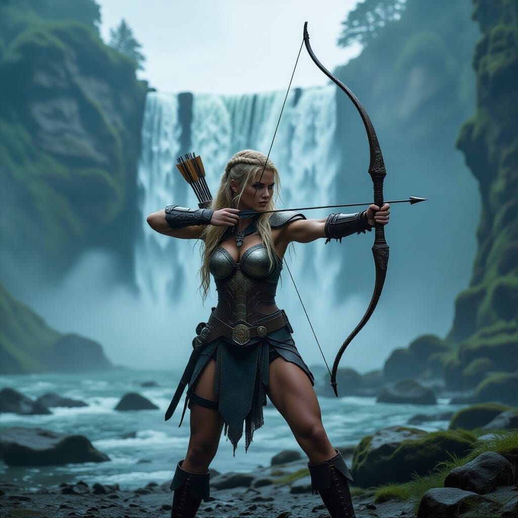 Barbarian Archer Woman in Misty Forest, Cinematic Style