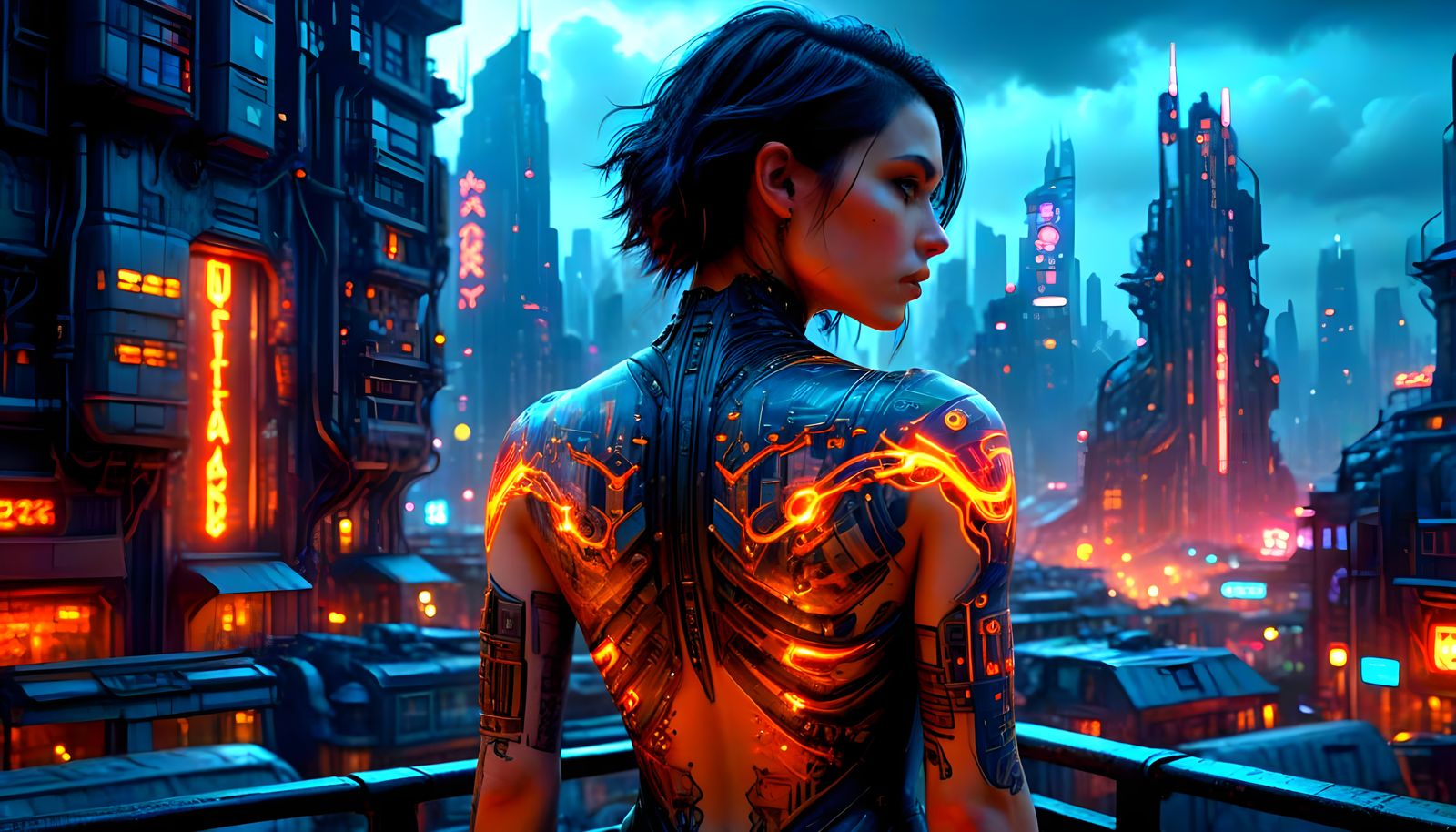 Glowing Cyberpunk Tattoo in Neon-Lit City