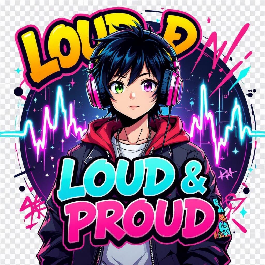 Anime Character with Neon Sound Waves in Streetwear Style