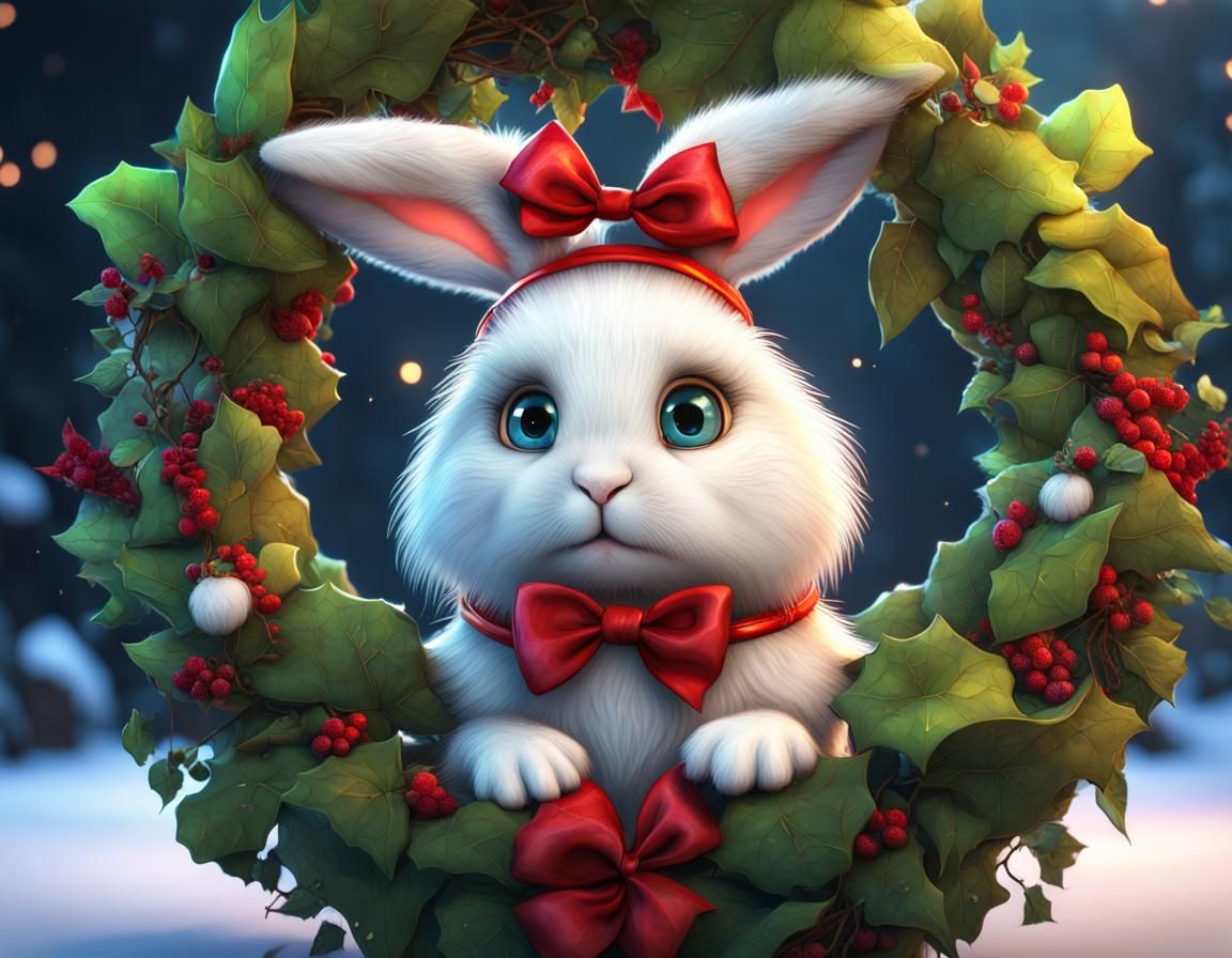 Fluffy Bunny in Christmas Wreath, Fantasy Concept Art