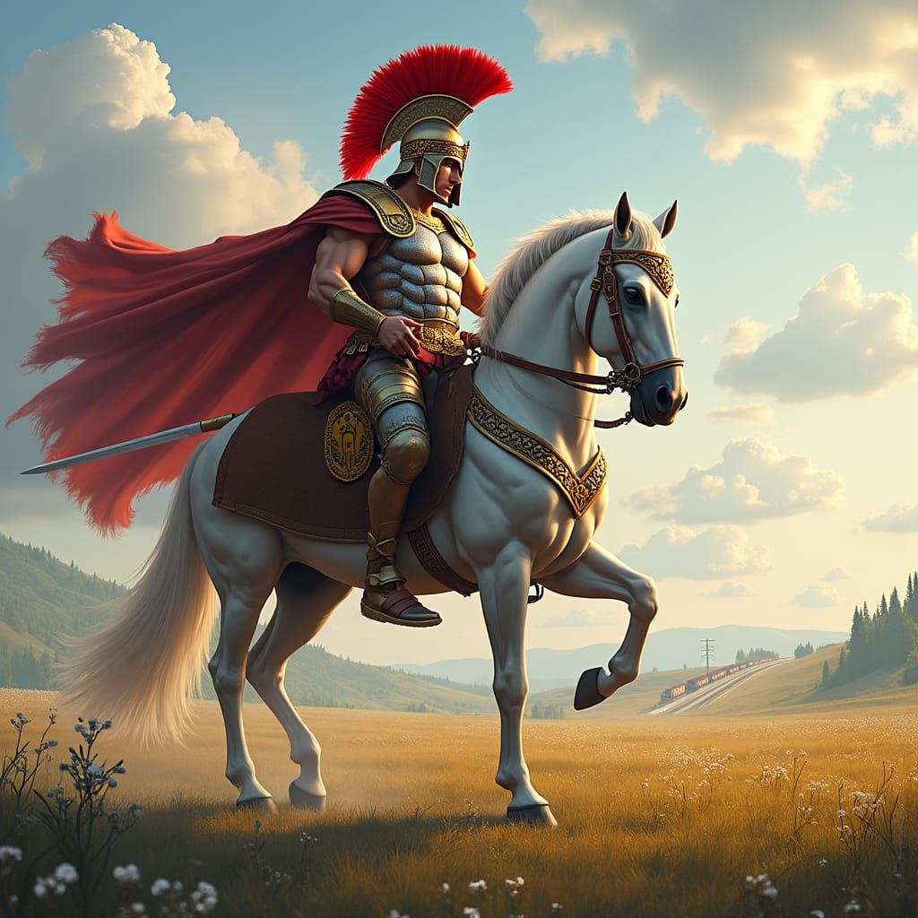 Heroic Greek Warrior on Horse in Fantasy Art Style