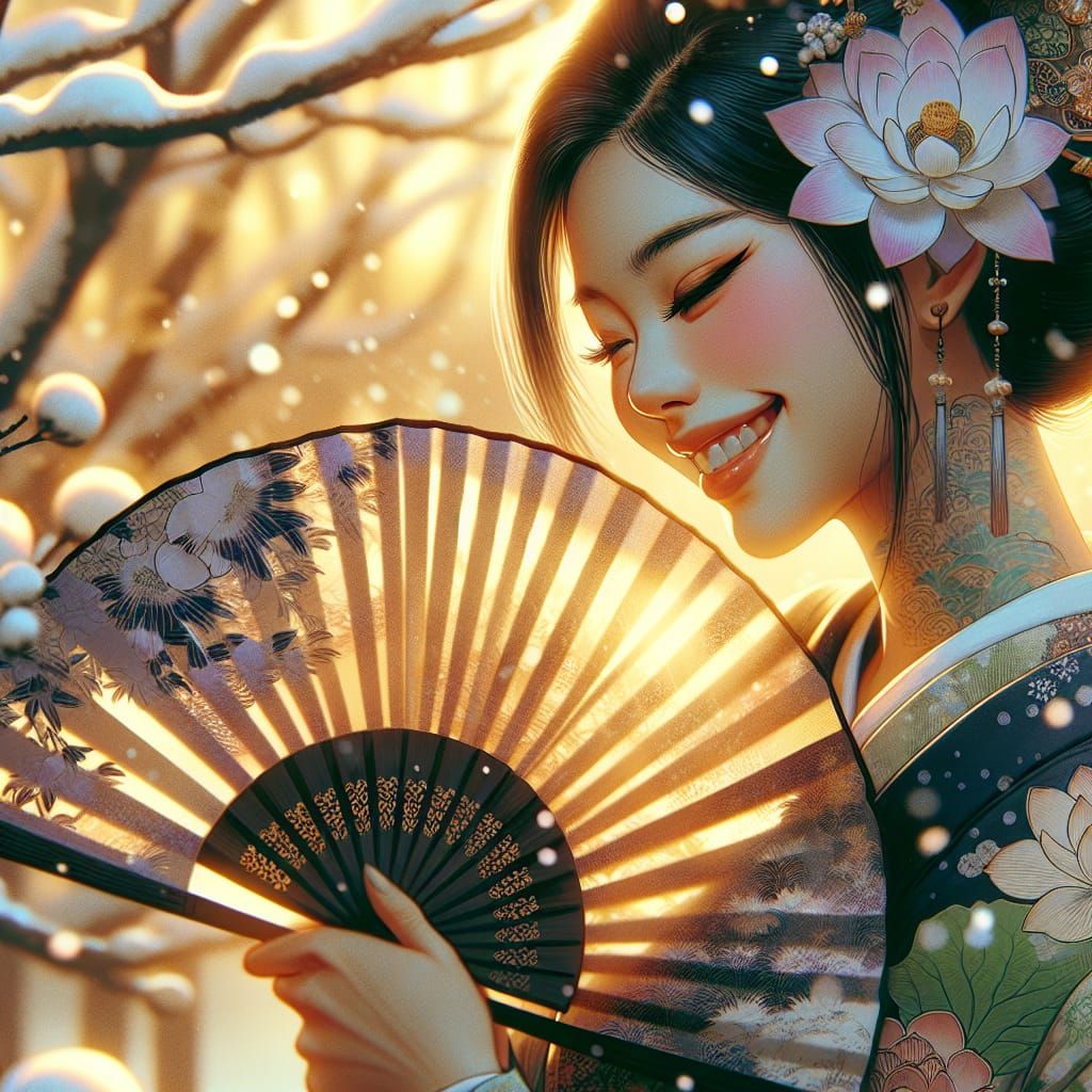 Smiling Woman with Fan in Ukiyo-e Style