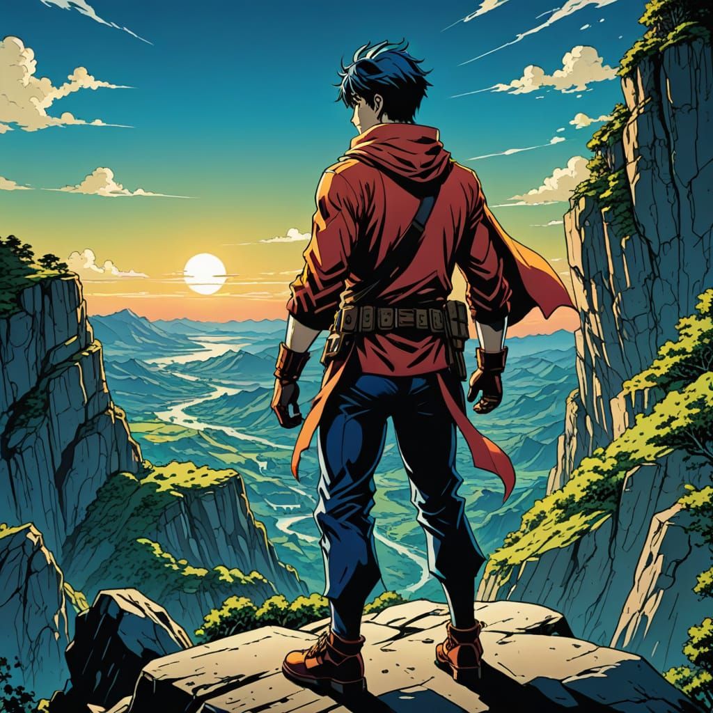 Anime Hero on Cliff in Manga Style