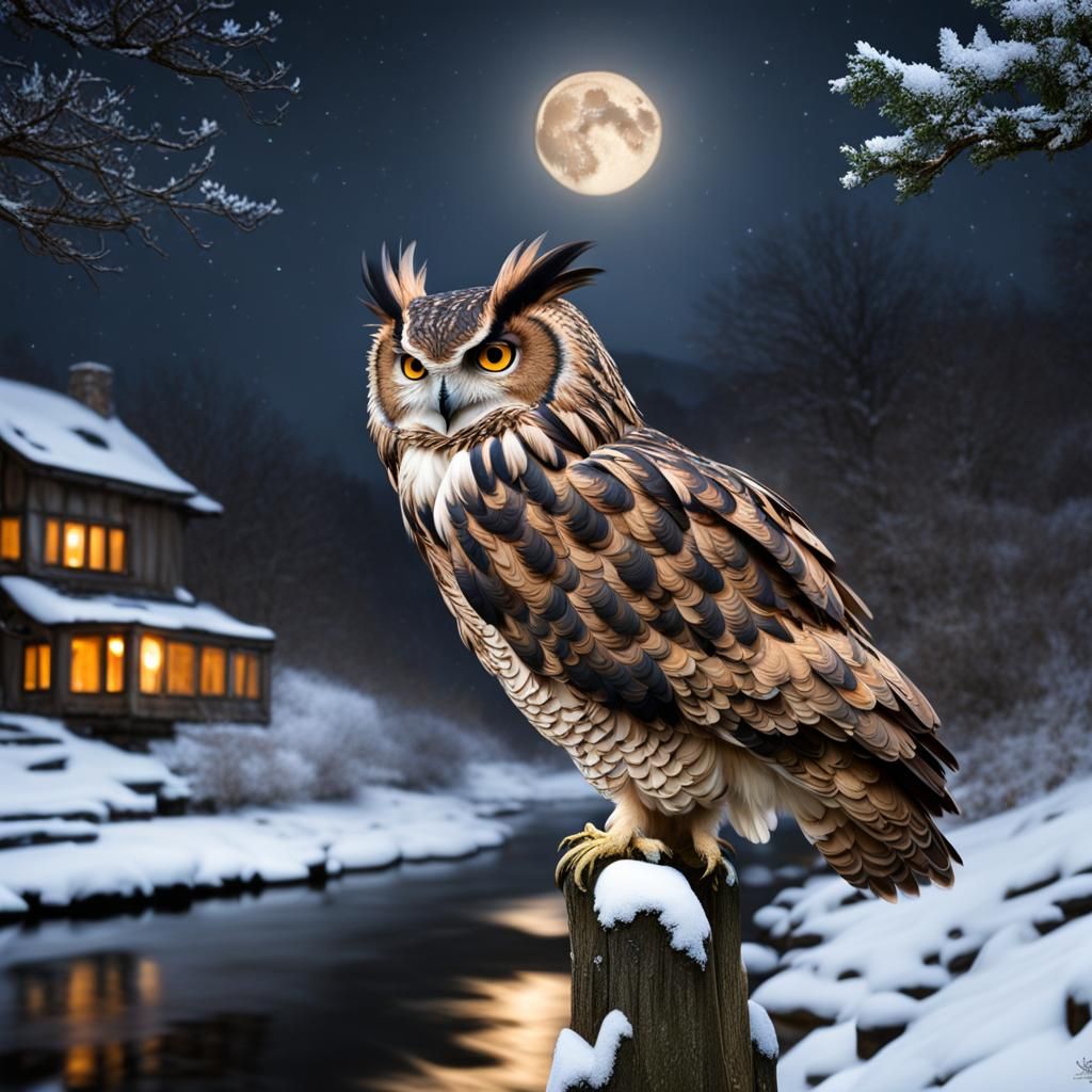 Eagle Owl in Snowy Night Landscape