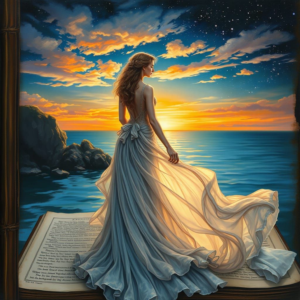 Siren Gazing at Sunset: Mixed-Media Neo-Impressionism