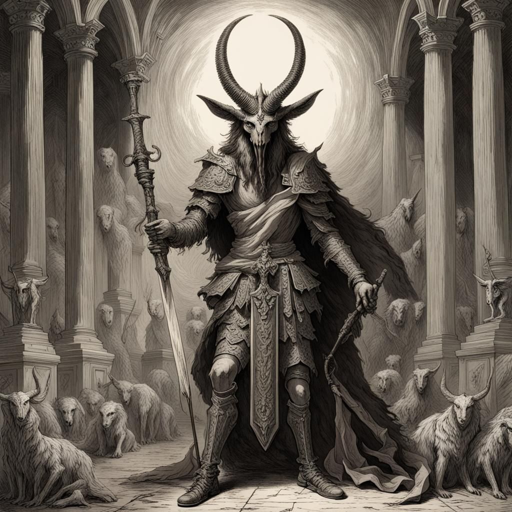Armored Baphomet with Sword in Horror Style
